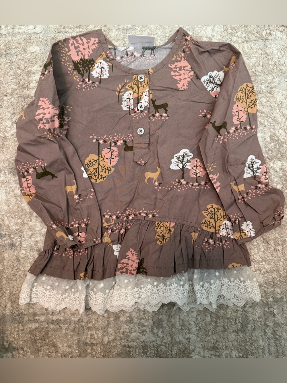 Hanna Andersson Girls Brown Woodland Ruffle Hem Long-Sleeve Top size 4